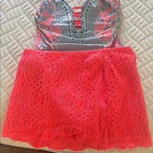 Lilly Pulitzer floral bathing suit with coral lace shorts